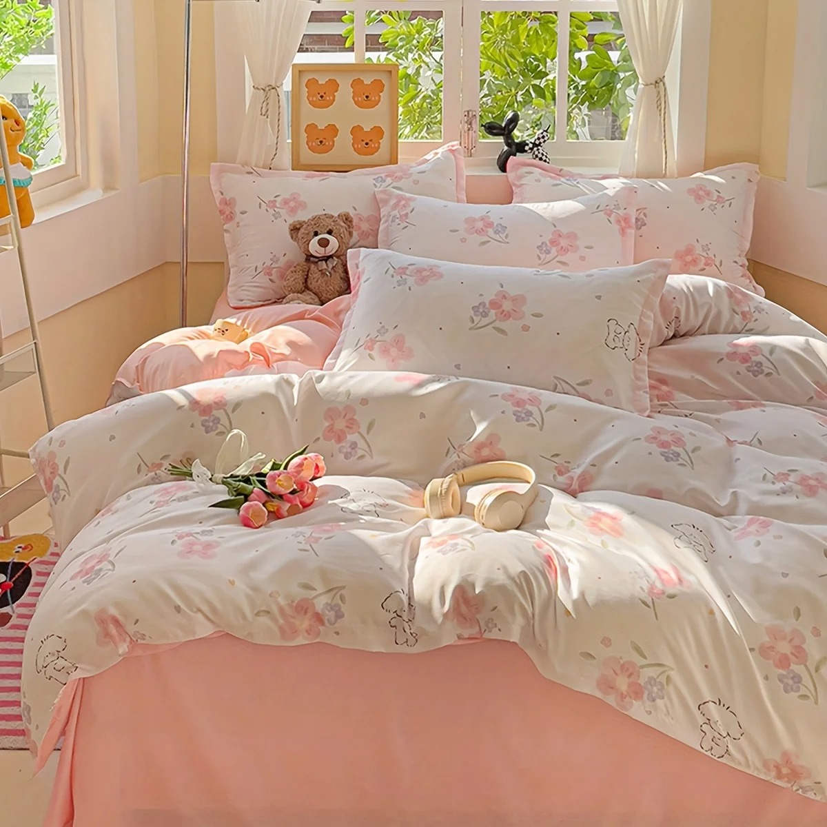 Duvet Cover Sets With Zipper - 4-delig zacht effen bloemenprint dekbedovertrekset inclusief