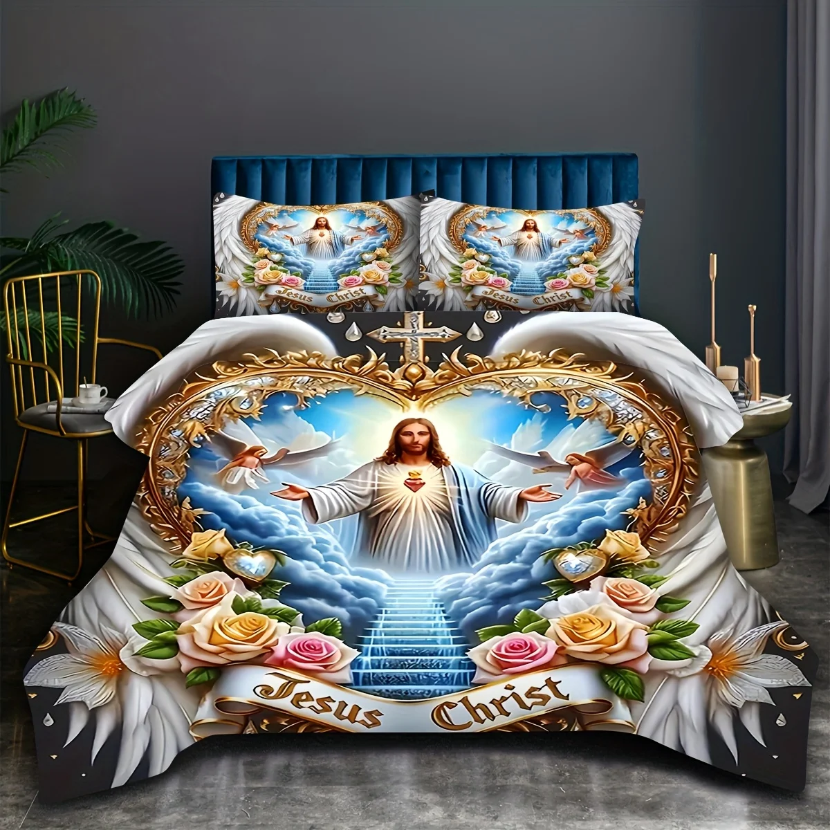 Duvet Cover Sets With Zipper - Heilige Toewijding Vleugels Kruis Bloem Engel
