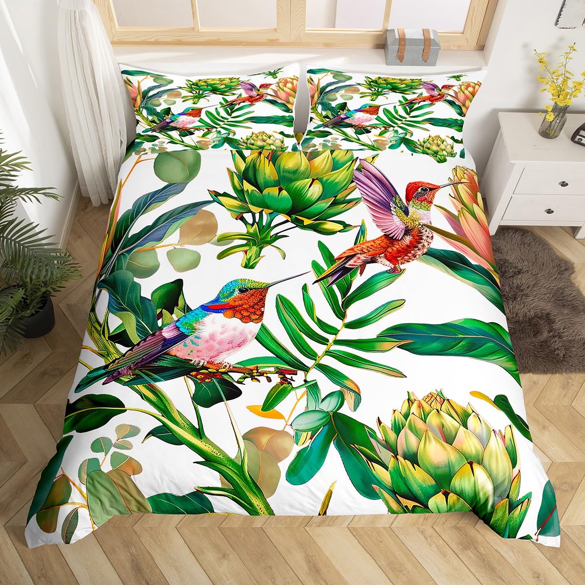 Aesthetic Floral Duvet Cover - Kolibrie beddengoedset Luxe bloemenvogels dekbedovertrek aquarel