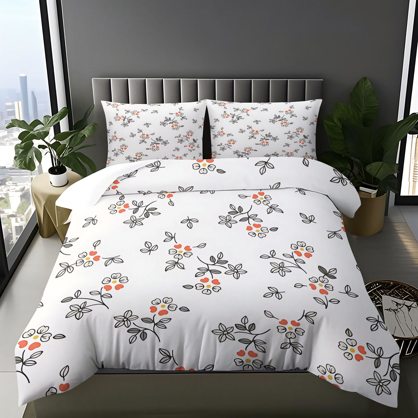 Aesthetic Floral Duvet Cover - Minimale handgetekende dunne lijn oranje rood