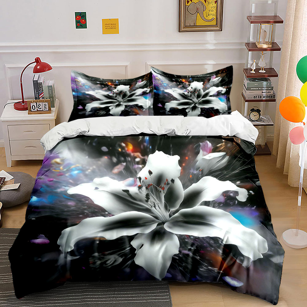 Aesthetic Floral Duvet Cover - Abstracte witte lelie bloemen beddengoedset 3-delig,