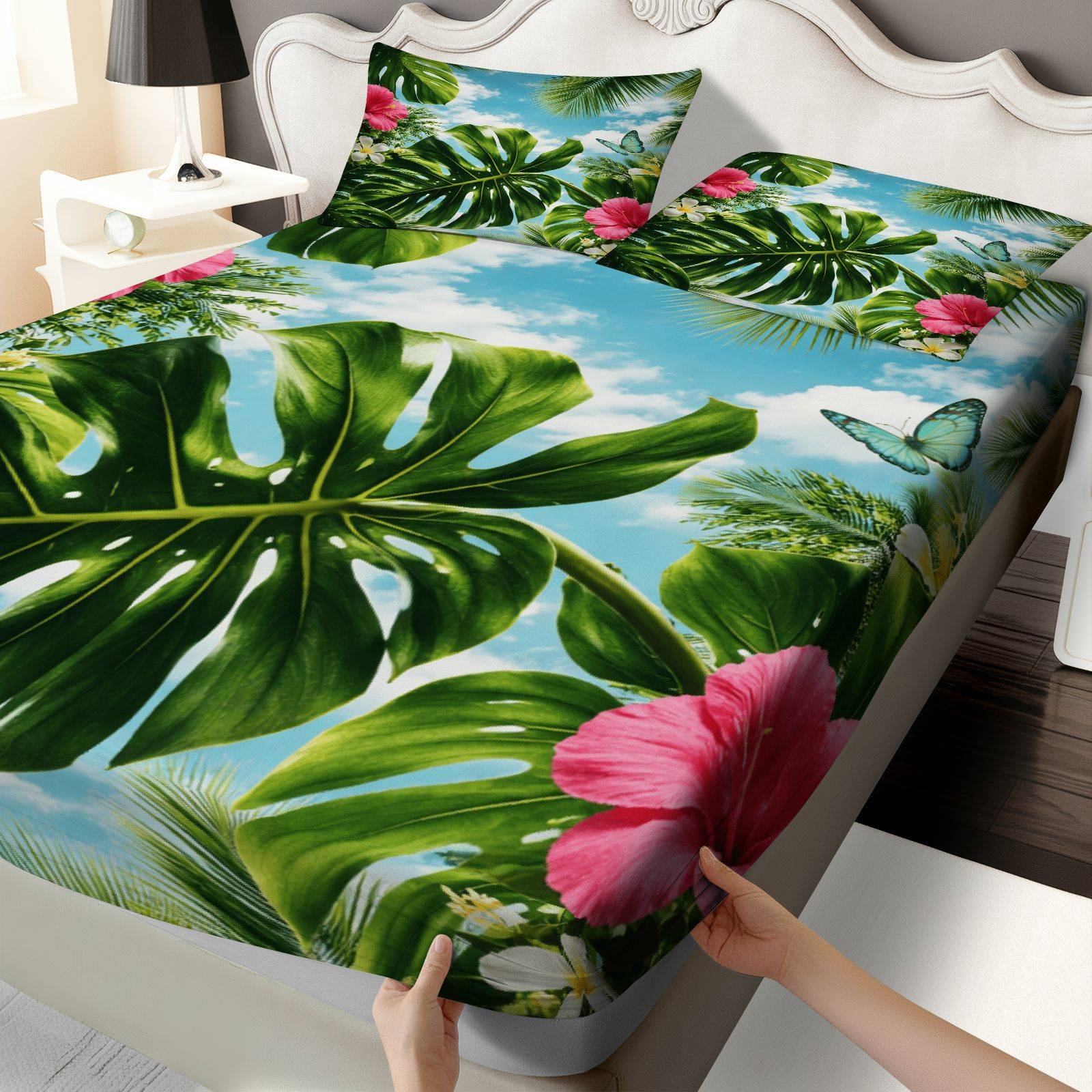 Fitted Bed Sheets Deep Pocket - Tropische Hibiscus Beddengoedset, Zomerthema, Tropisch Bloemenbeddengoed,