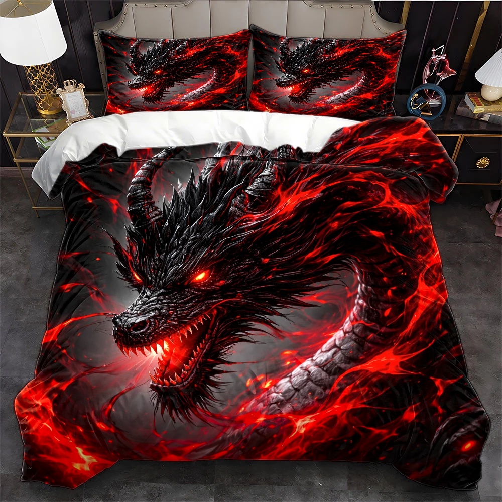 Duvet Cover Sets With Zipper - 3-delig donker draken dekbedovertrekset, geschikt voor