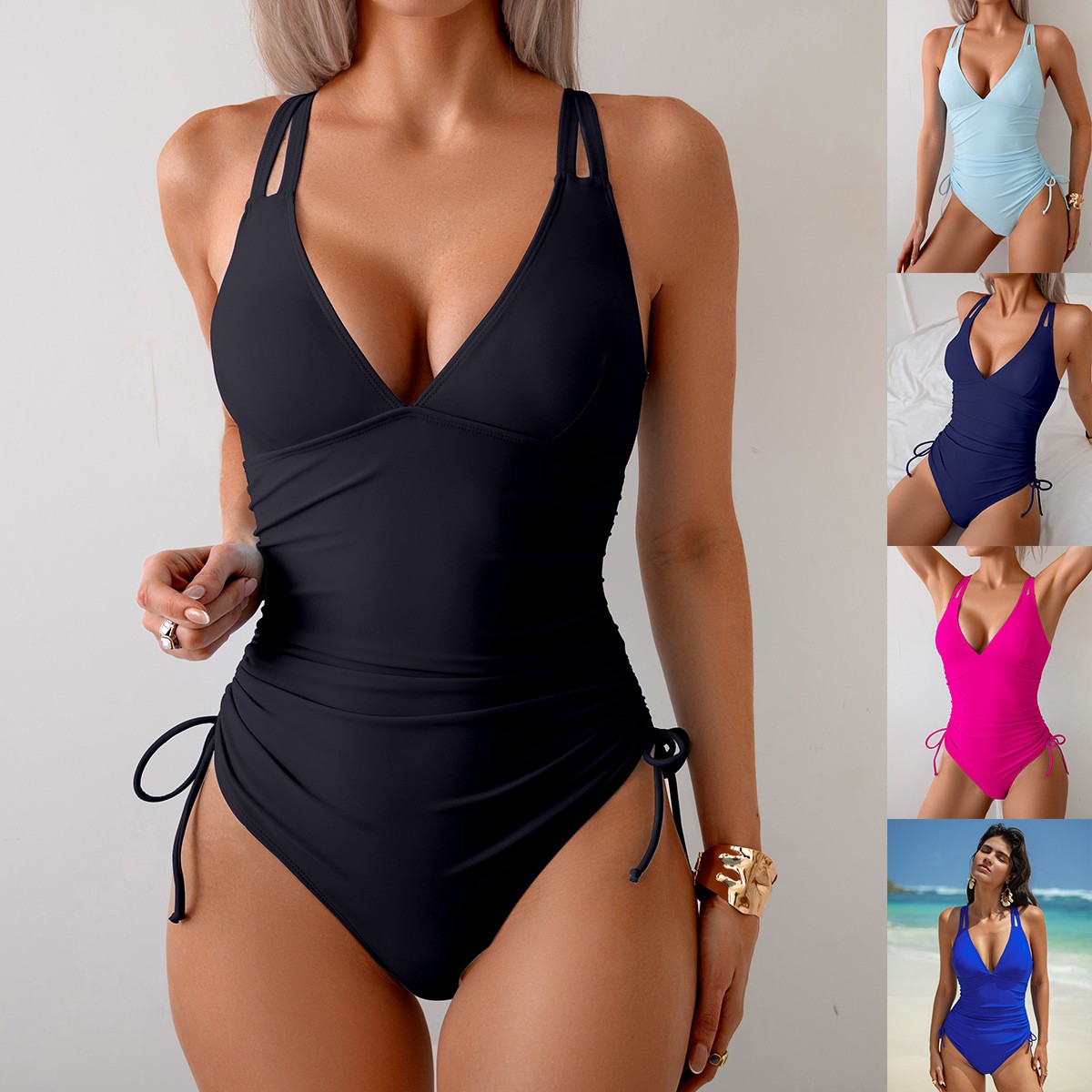 Bath - Effen zwart badpak V-hals Gerimpelde taille