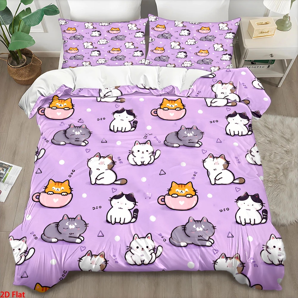 Duvet Cover Sets With Zipper - 3-delige dekbedovertrekset met schattige kattenprint, driedelige