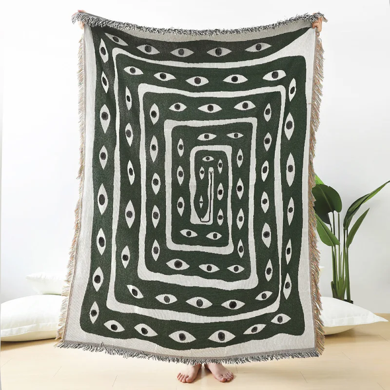 Boho Throw Blanket Fringe - Groen Wit Boze Oog Jacquard Gooideken