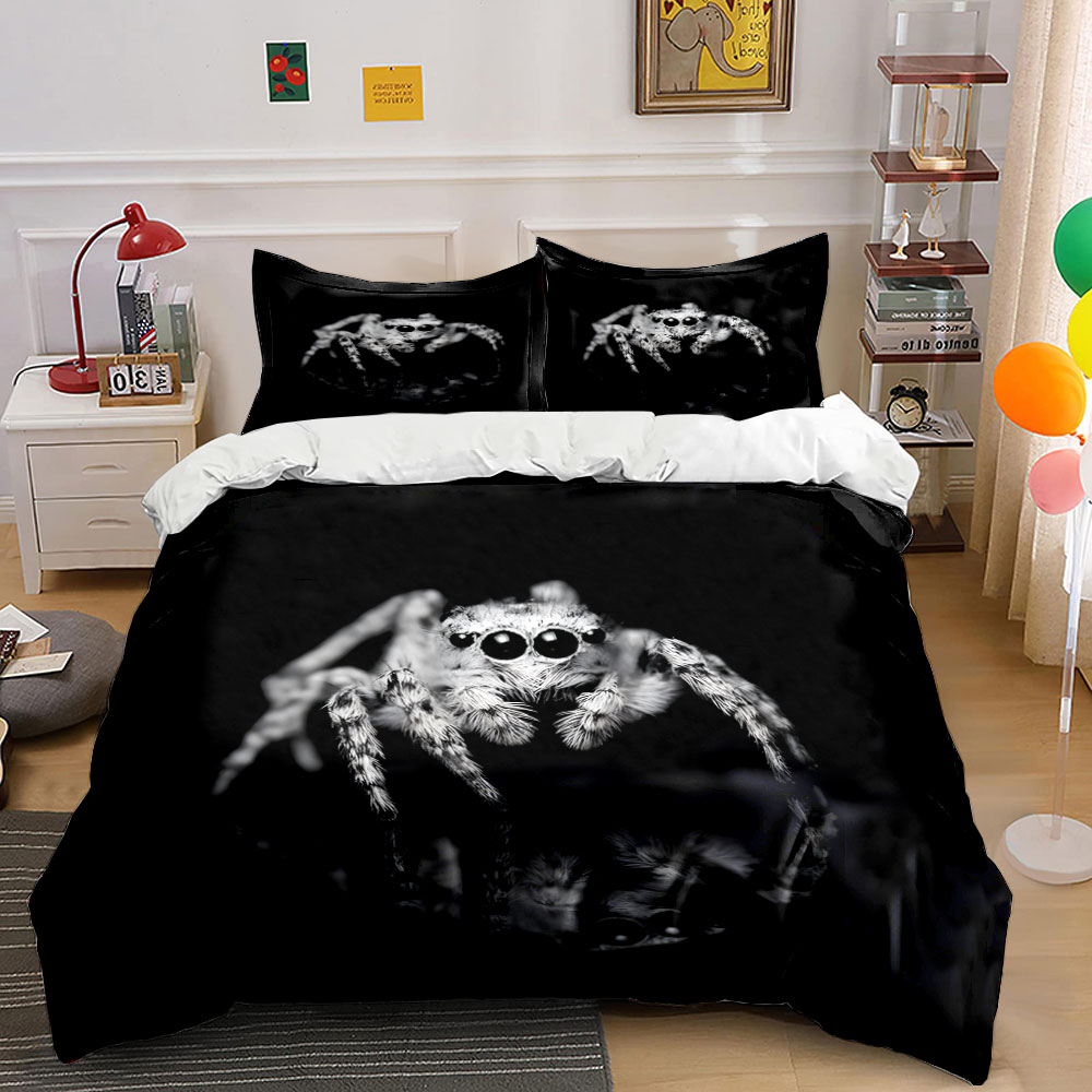 Duvet Cover Sets With Zipper - Jumping Spider Zwart-wit donkere stijl patroon