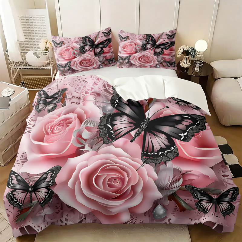 Roze roze zwarte vlinderprint  - Aesthetic Floral Duvet Cover recensie en prijs