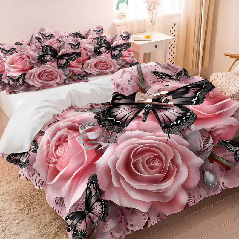 Roze roze zwarte vlinderprint  - Aesthetic Floral Duvet Cover recensie en prijs