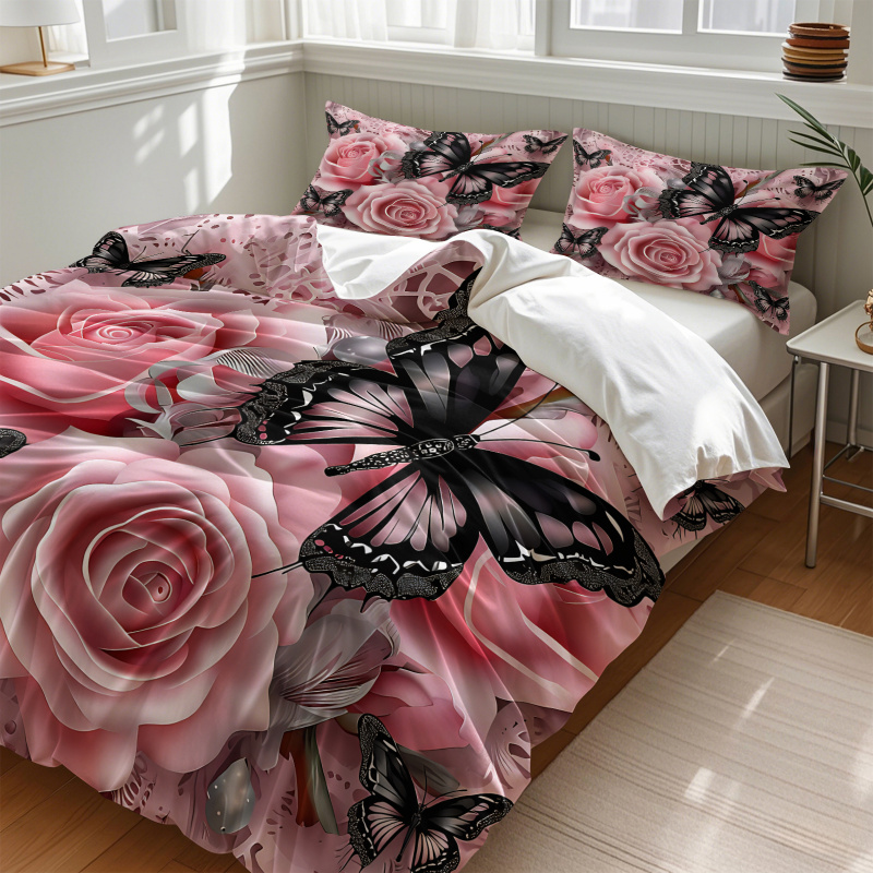 Roze roze zwarte vlinderprint  - Aesthetic Floral Duvet Cover recensie en prijs