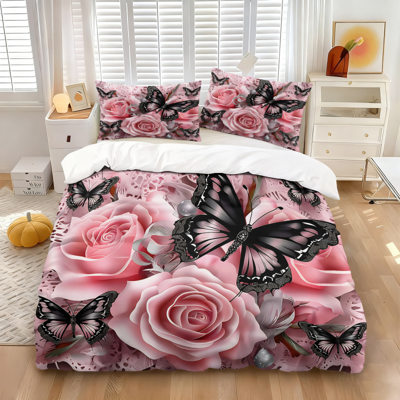 Roze roze zwarte vlinderprint  - Aesthetic Floral Duvet Cover recensie en prijs